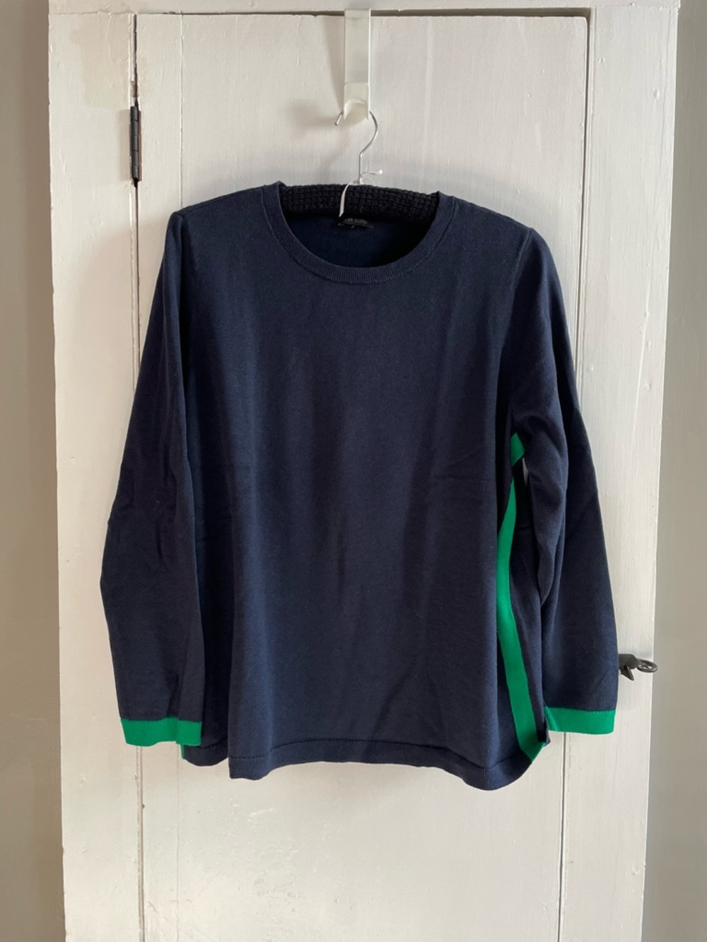 J JILL WEAREVER Cotton Blend Navy Crewneck Sweater with Green Detail Size XL